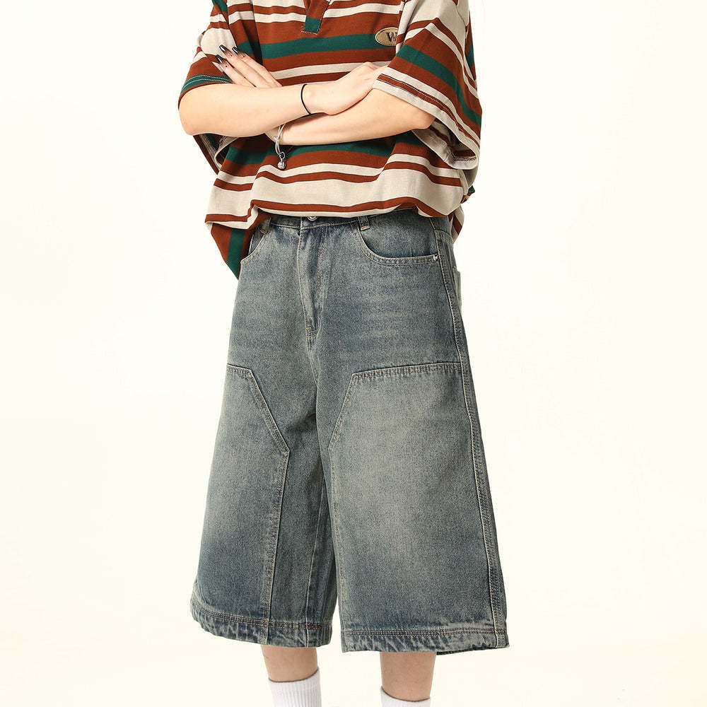 美式復古街頭水洗牛仔短褲女直筒褲闊腿潮牌百搭七分褲