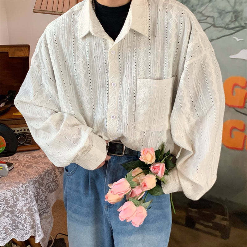 法式復古鏤空長袖襯衫秋季慵懶風小眾設計感寬鬆潮流襯衣