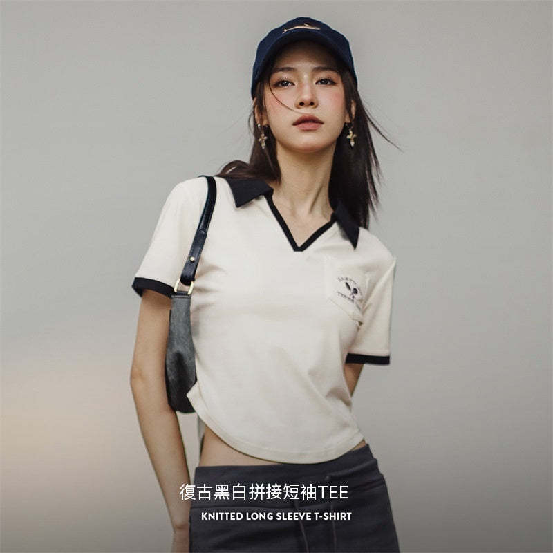 馬登女裝 復古V領Polo衫正肩顯瘦短袖修身T恤小眾設計老錢風撞色上衣