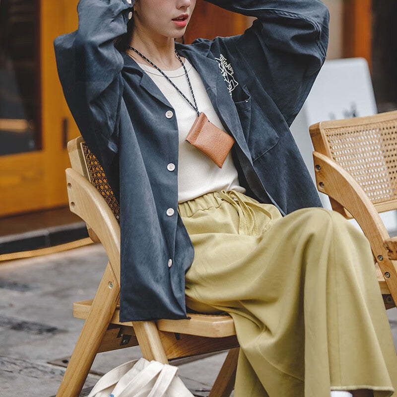 馬登女裝 美式復古磨毛刺繡襯衫桃皮絨寬鬆翻領保齡球襯衣女潮夏