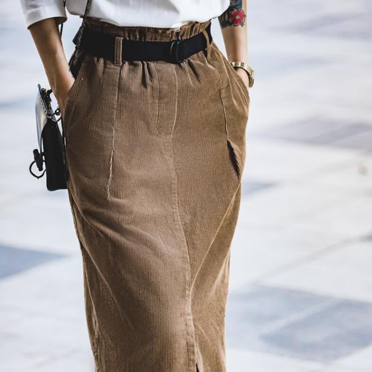 馬登女裝 燈芯絨復古半身裙秋冬新款純棉洗水鉛筆裙高腰直筒裙