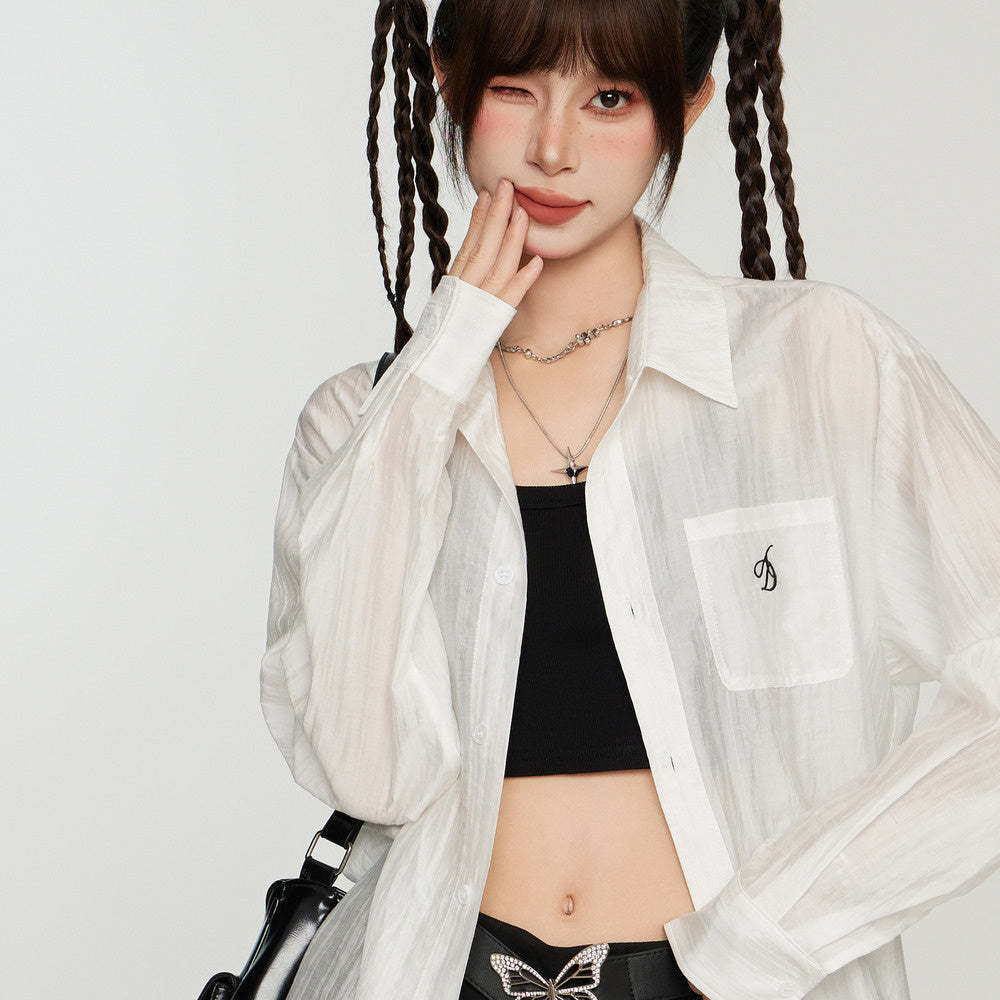 白色防曬襯衫外套女夏季薄款襯衣開衫長袖罩衫防曬衫外搭天絲上衣