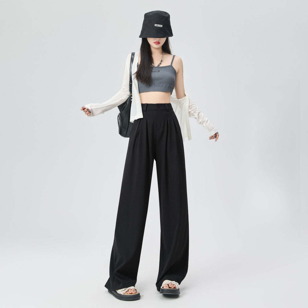 春季新款西褲小個子高腰垂感寬鬆直筒大碼雅痞休閒闊腿褲