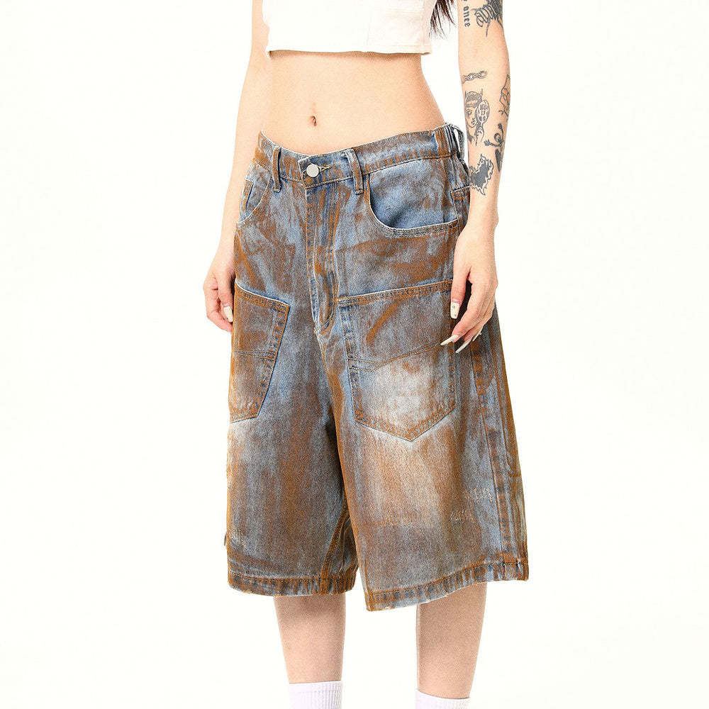 美式復古高街髒染廢土風口袋設計感牛仔短褲夏季七分褲