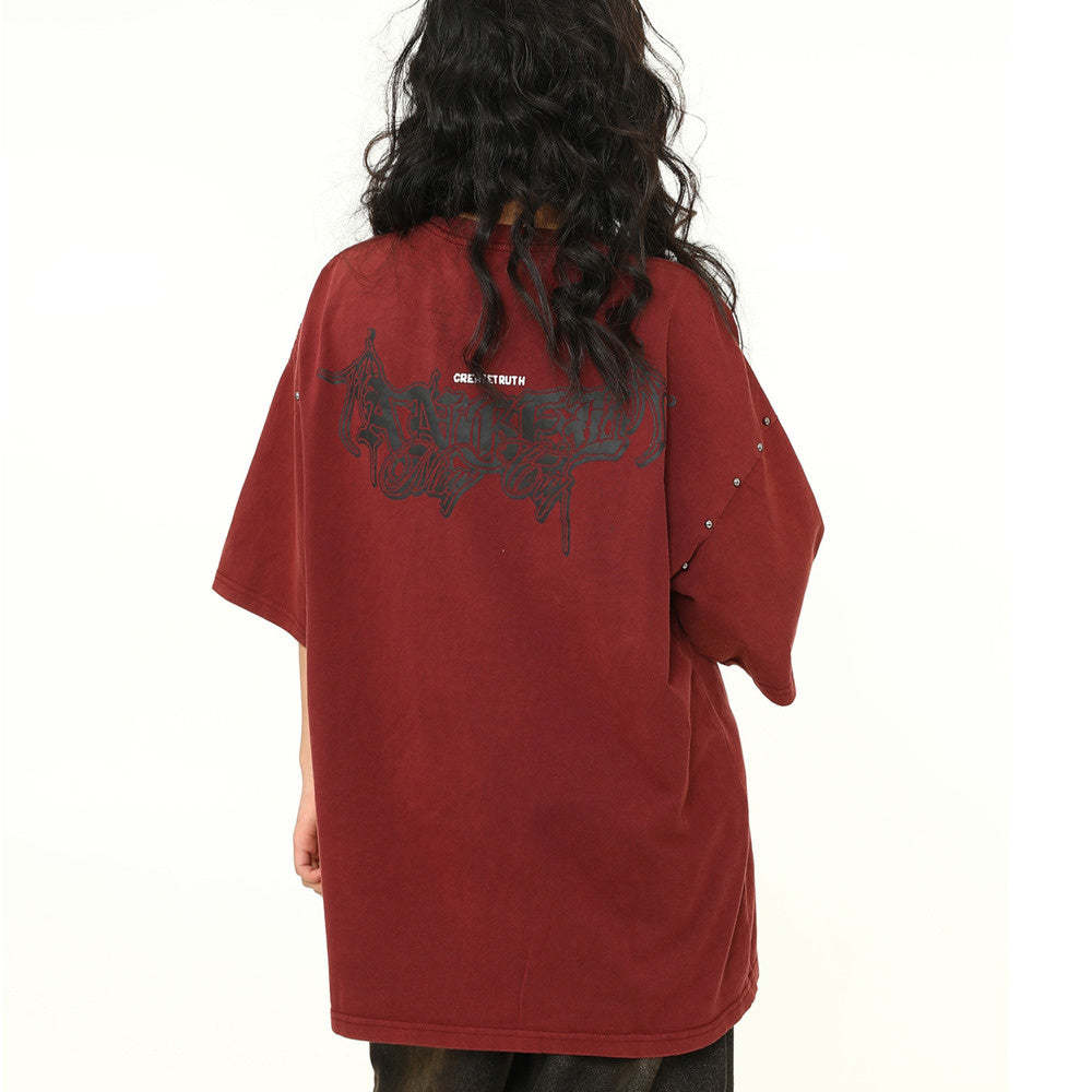 美式街頭酒紅色復古短袖T恤女寬鬆oversize上衣