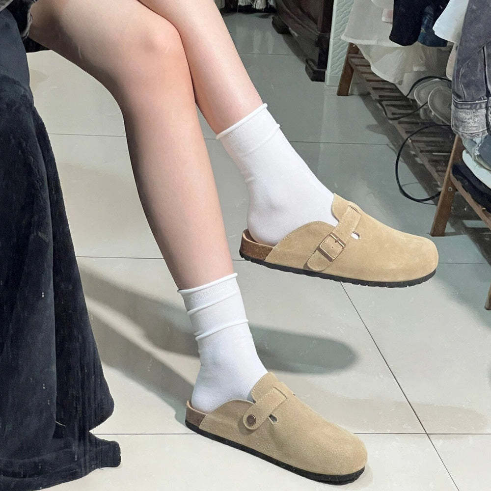 真皮勃肯鞋女外穿釣魚軟木博肯包頭拖鞋