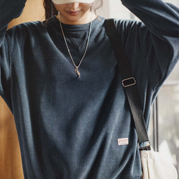 馬登女裝 美式復古雪尼爾衛衣女秋套頭長袖打底衫微落肩圓領上衣