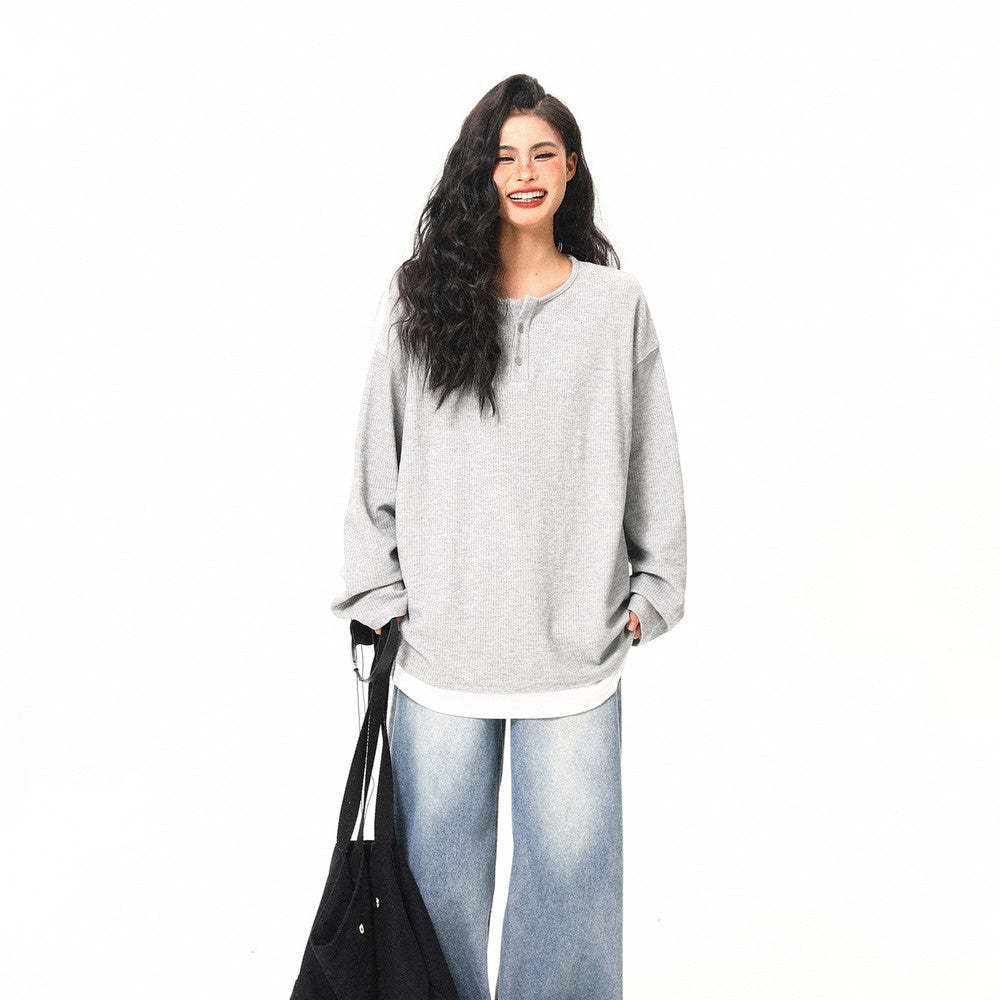 美式復古高級感假兩件長袖打底衫女秋季百搭潮流設計上衣