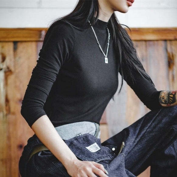 馬登女裝 美式休閒半高領純色打底衫內搭女修身長袖T恤