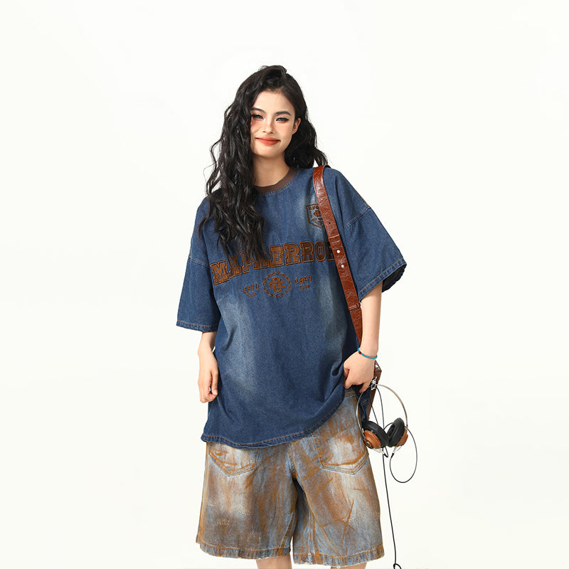 美式復古重工刺繡水洗牛仔短袖T恤女寬鬆夏半袖