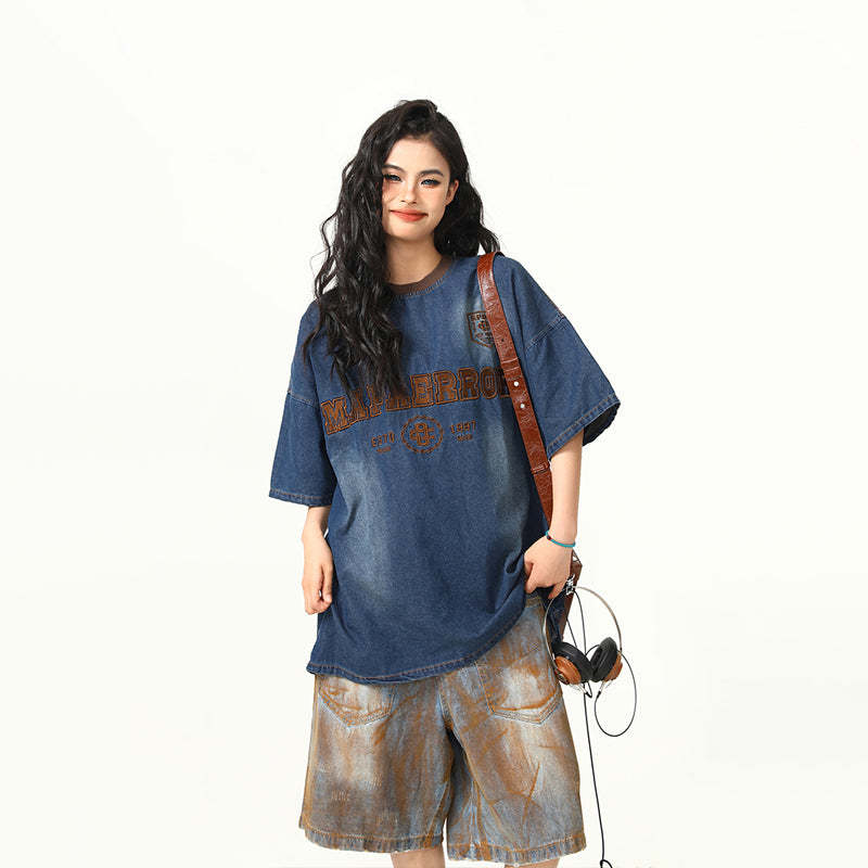 美式復古重工刺繡水洗牛仔短袖T恤女寬鬆夏半袖