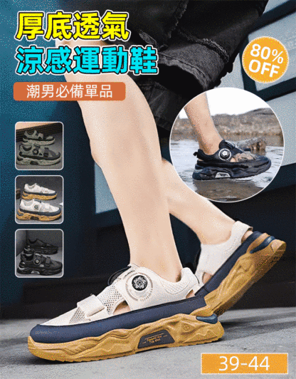 男鏤空透氣旋轉紐扣厚底涼鞋