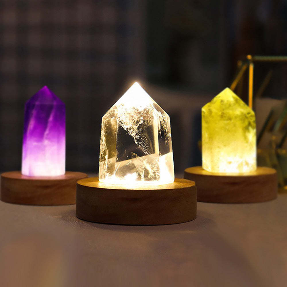 Crystal Column Led Small Night Light Creative Crystal Hexagonal Column Night Light Wooden Base Luminous Ornaments