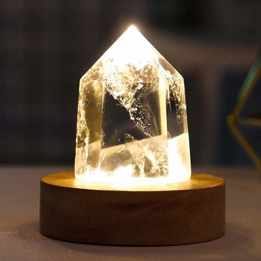 Crystal Column Led Small Night Light Creative Crystal Hexagonal Column Night Light Wooden Base Luminous Ornaments