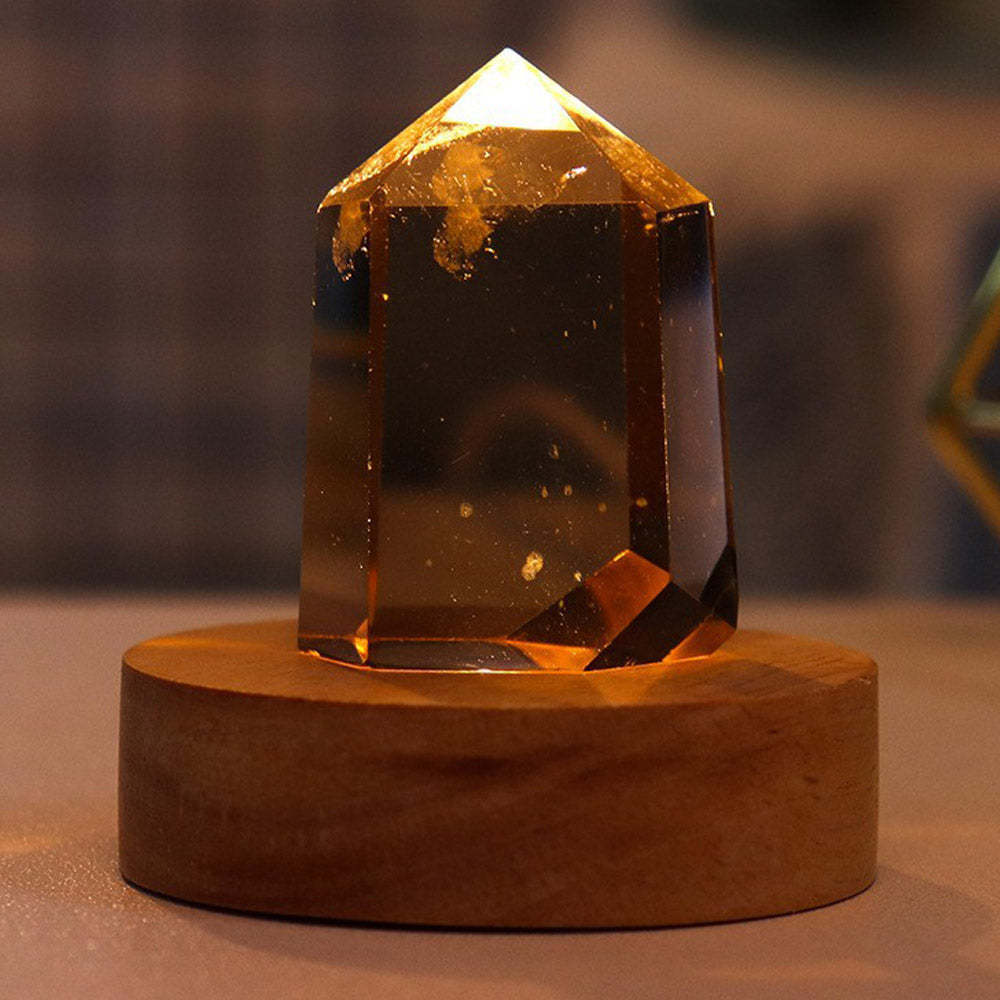 Crystal Column Led Small Night Light Creative Crystal Hexagonal Column Night Light Wooden Base Luminous Ornaments