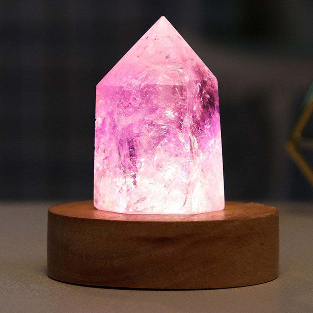 Crystal Column Led Small Night Light Creative Crystal Hexagonal Column Night Light Wooden Base Luminous Ornaments