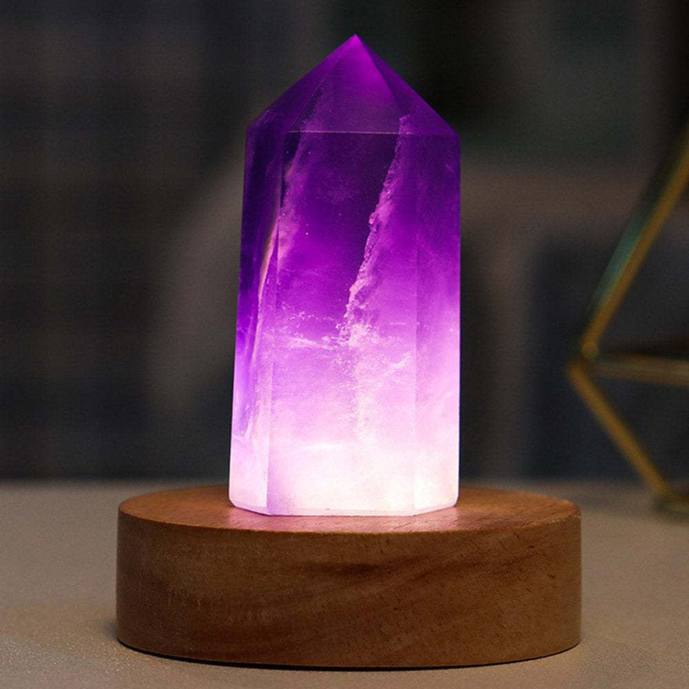 Crystal Column Led Small Night Light Creative Crystal Hexagonal Column Night Light Wooden Base Luminous Ornaments