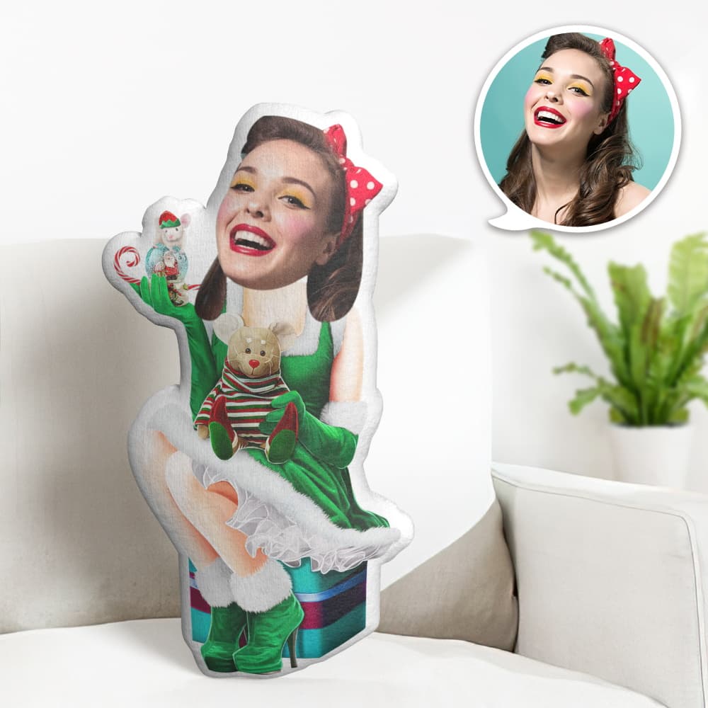 Personalisiertes Gesichtskissen Personalisiertes Fotokissen Grünes Weihnachtskleid Minime Kissen Geschenke Für Weihnachten - MiniMe Pillow