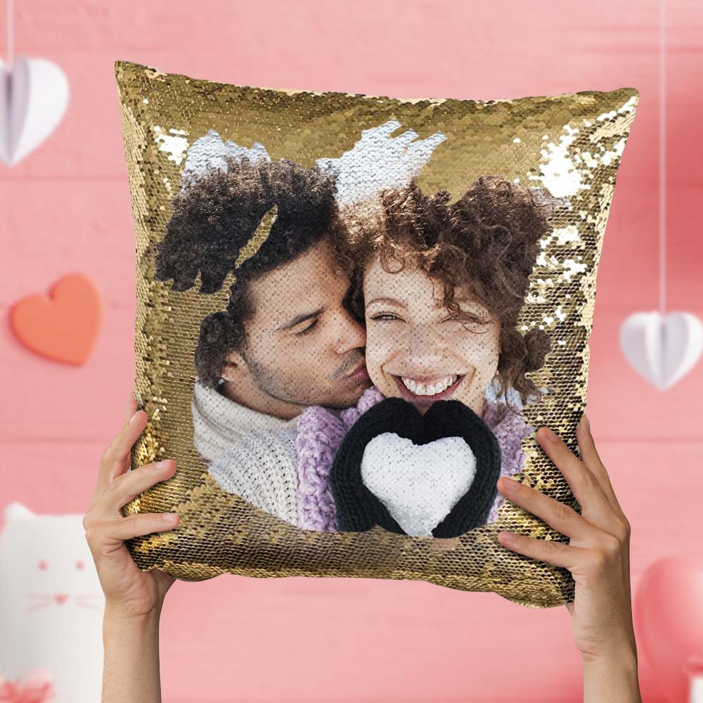 Valentinstagsgeschenk Umkehrbares Reversibles Personalisiertes Foto Pailletten Kissen 15,75 "x 15,75"