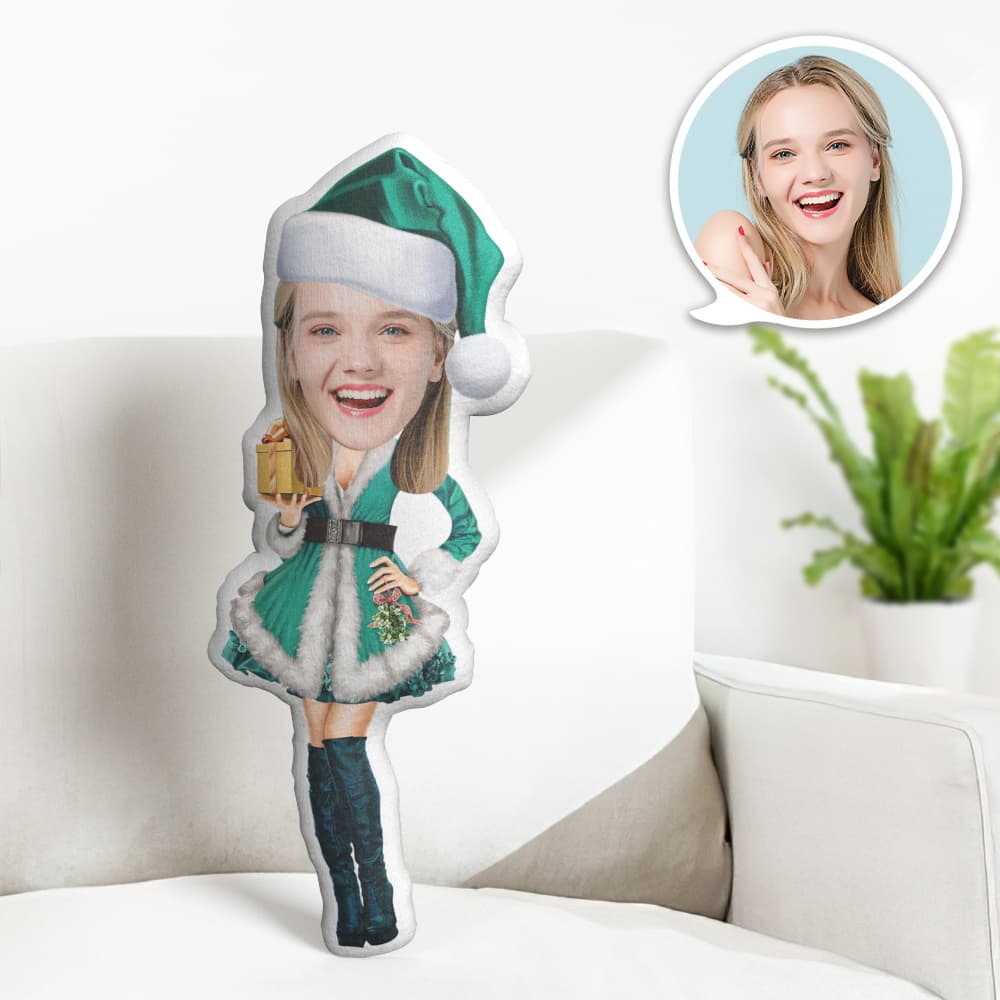 Oreiller Visage Personnalisé Oreiller Photo Personnalisé Robe Verte De Noël Oreiller Minime Cadeaux Pour Noël - MiniMe Pillow