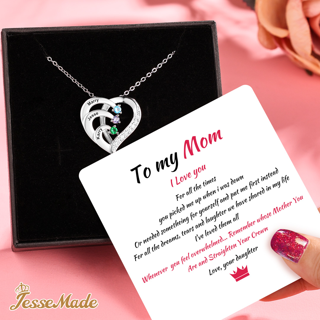 Personalised Mother Necklace 4 Stones Engraved 4 Names Birthstone Family Heart Pendant Gifts for Her-Jessemade AU