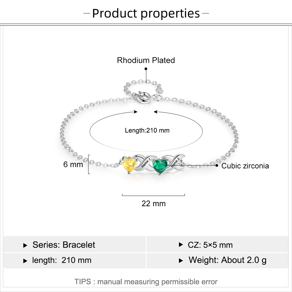 Personalised Bracelet With 2 Heart Birthstones Engraved Names Bracelet Gift For Women-Jessemade AU