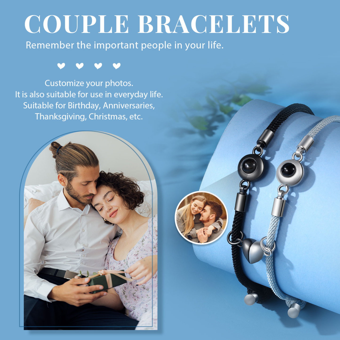 2 PCS Personalised Couple Projection Bracelet Customised 1 Photo Bracelet Adjustable Bracelet Romantic Gift For Her/Him-Jessemade AU