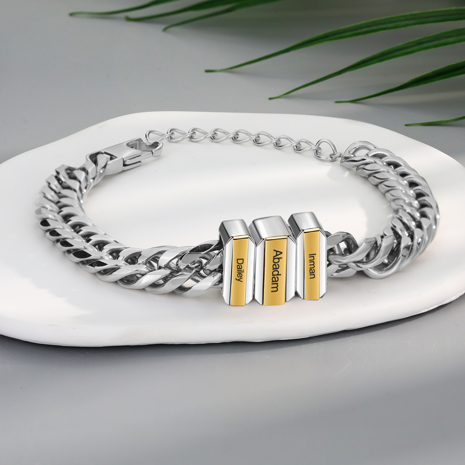 Personalised Mens Cuban Link Chain Bracelet Engraved 3 Beads Father's Day Gift-Jessemade AU