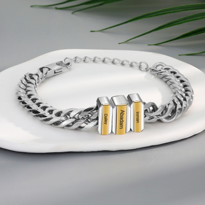 Personalised Mens Cuban Link Chain Bracelet Engraved 3 Beads Father's Day Gift-Jessemade AU