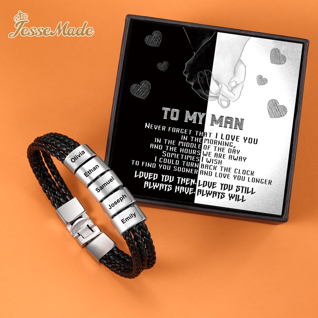 Personalised Braided Leather Bracelet Engraved 5 Names Men's Bracelet Gifts For Him-Jessemade AU