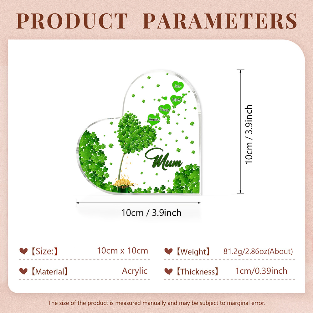 4 Names - Personalised Acrylic Heart Keepsake Custom Text Four-Leaf Clover Ornament Gift for Mother/Grandma-Jessemade AU