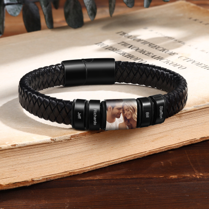 4 Names - Personalised Men's Leather Bracelet Custom Photo Braided Bracelet Gift for Him-Jessemade AU
