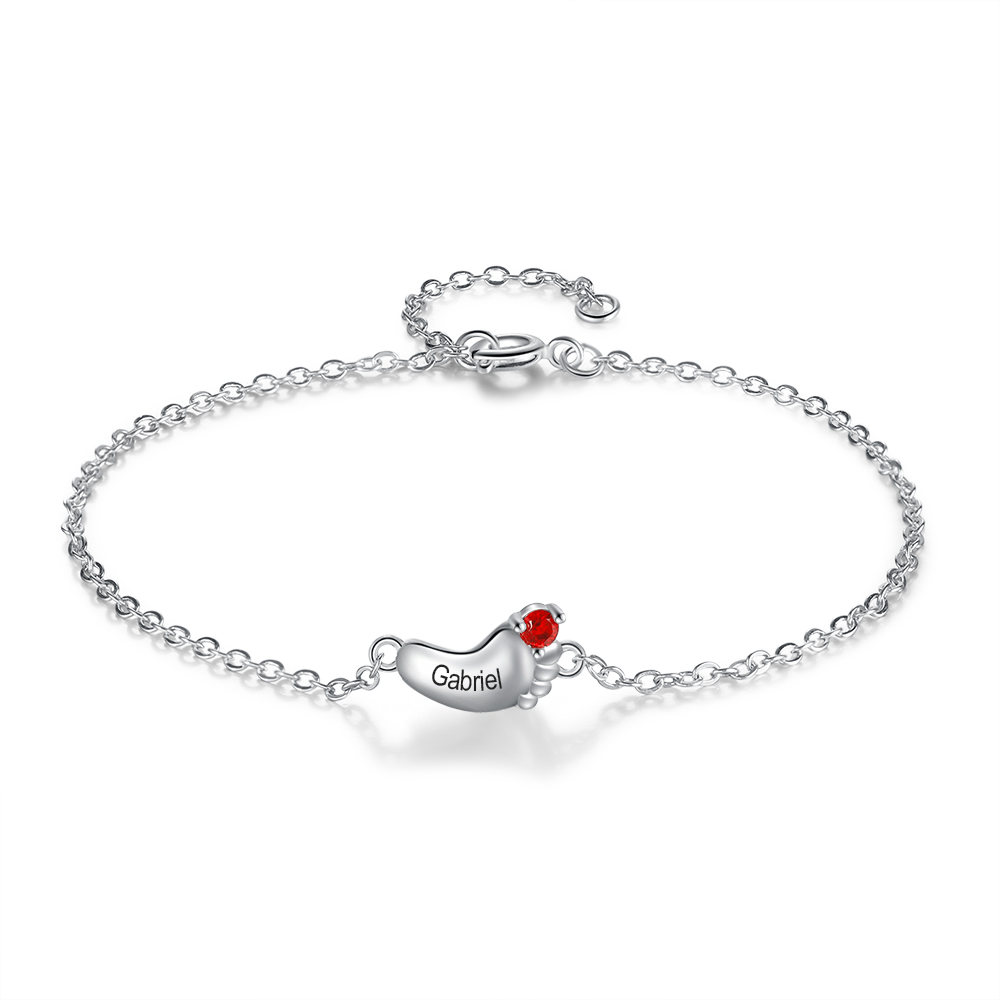 Personalised Baby Foot Necklace With 1 Birthstone Engraved Names Gift For Mother