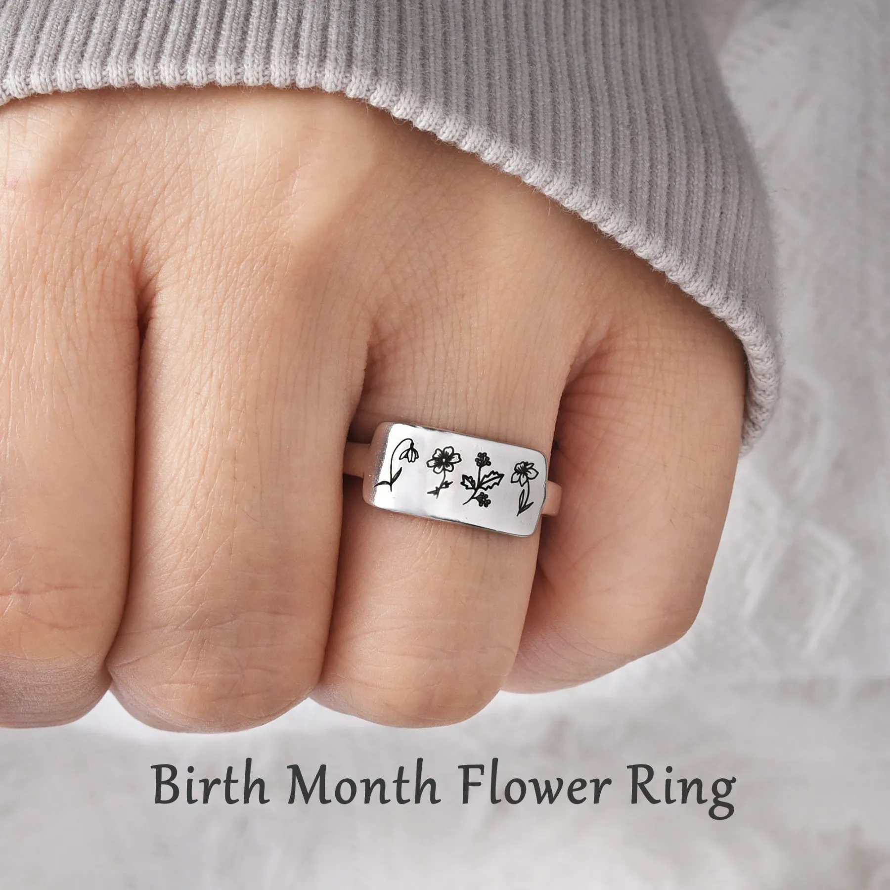Personalised Birth Flower Ring Custom 4 Month Flowers Bar Ring Gift for Her-Jessemade AU