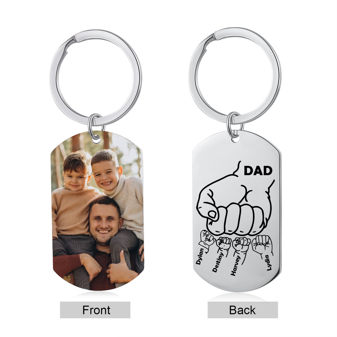 Dad Fist Bump Personalised Photo Keychain Engrave 4 Names Father's Day Gifts
