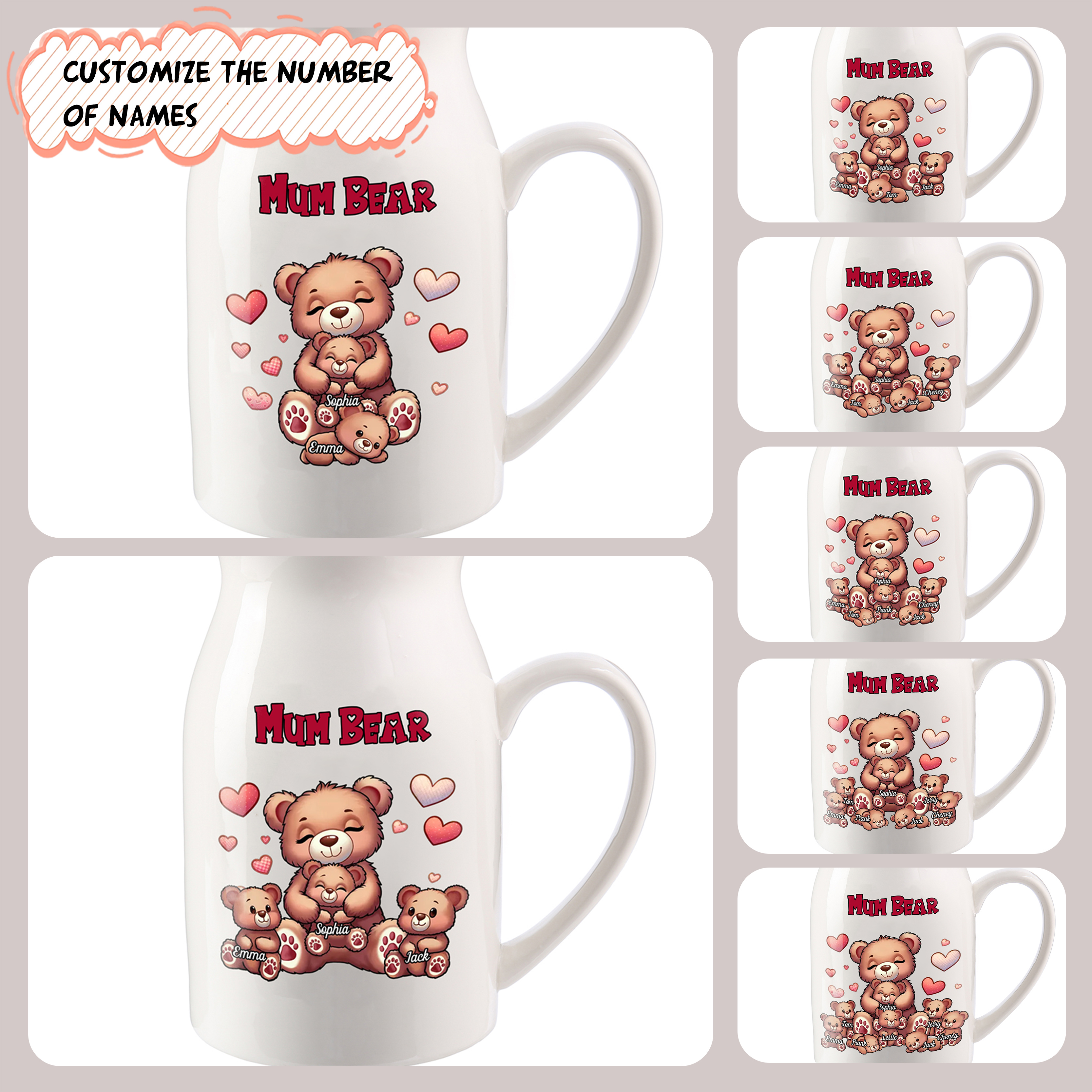 Personalised Ceramic Flower Vase Custom 2–8 Names & 1 Text Bear Family Vase Gift for Mother/Grandma-Jessemade AU