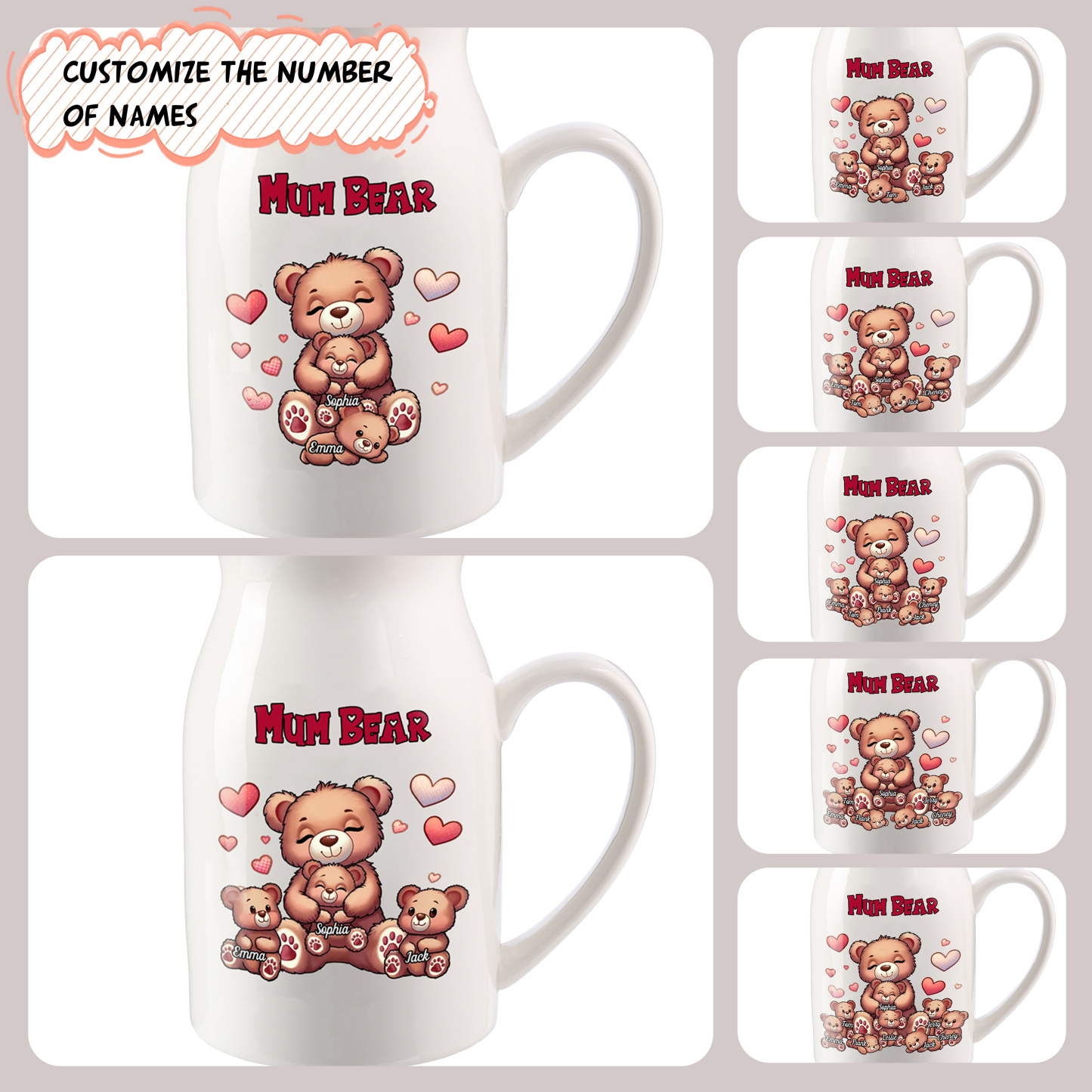 Personalised Ceramic Flower Vase Custom 2–8 Names & 1 Text Bear Family Vase Gift for Mother/Grandma-Jessemade AU