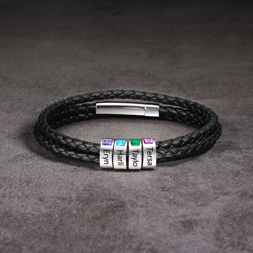 Personalised 3 Layer Leather Bracelet with 2 Beads Engraved Names Men's Bracelets for Him-Jessemade AU