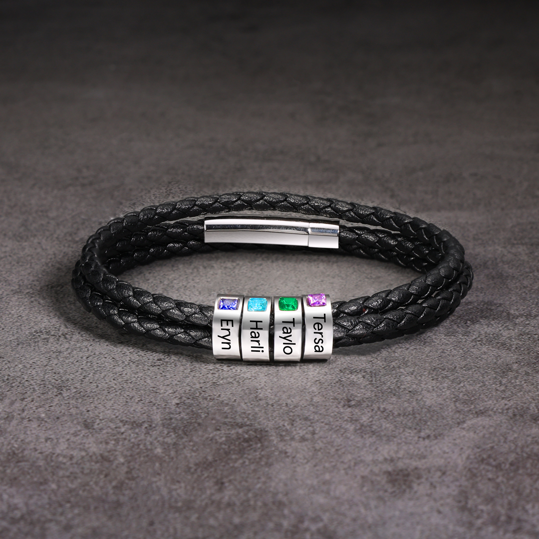 Personalised 3 Layer Leather Bracelet with 2 Beads Engraved Names Men's Bracelets for Him-Jessemade AU