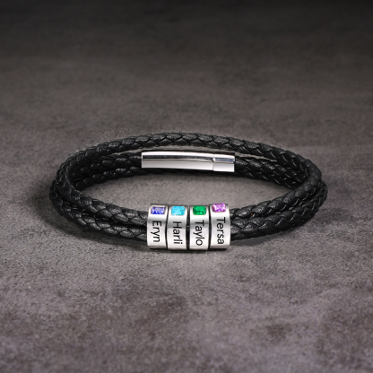 Personalised 3 Layer Leather Bracelet with 2 Beads Engraved Names Men's Bracelets for Him-Jessemade AU