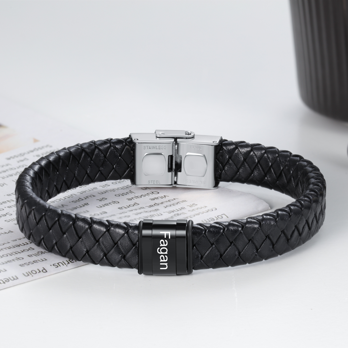 Men Leather Braided Bracelet Personalised with 1 Name Black-Jessemade AU