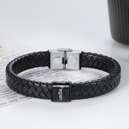 Men Leather Braided Bracelet Personalised with 1 Name Black-Jessemade AU