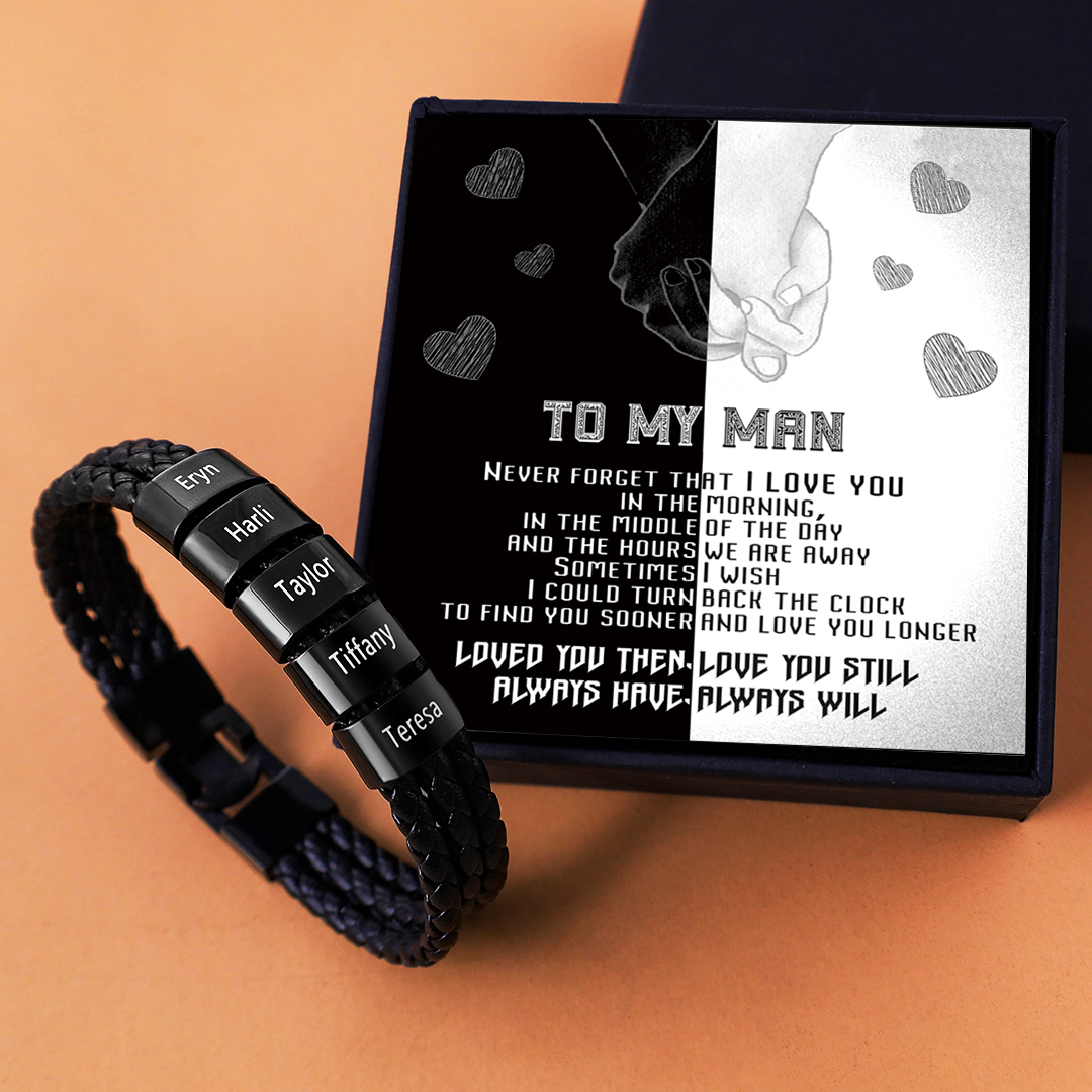 Personalised Braided Leather Bracelet Engraved 5 Names Men's Bracelet Gifts For Him-Jessemade AU