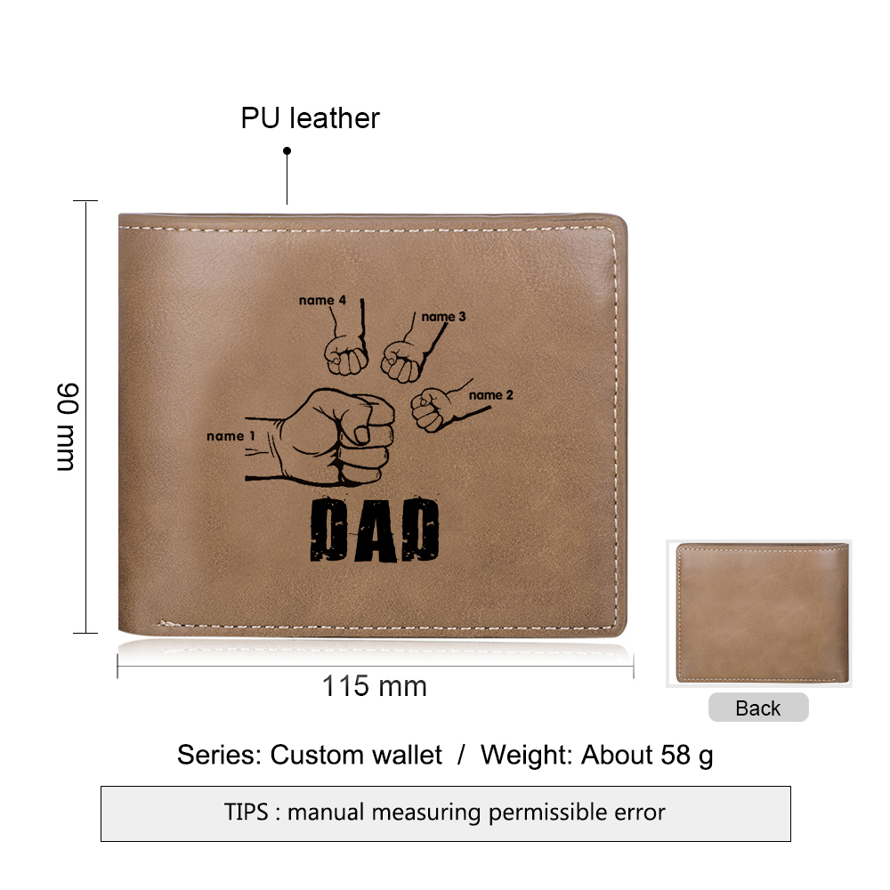 Personalised Leather Mens Wallet Engraved 4 Names Fist Bump Folding Wallet Father's Day Gifts-Jessemade AU