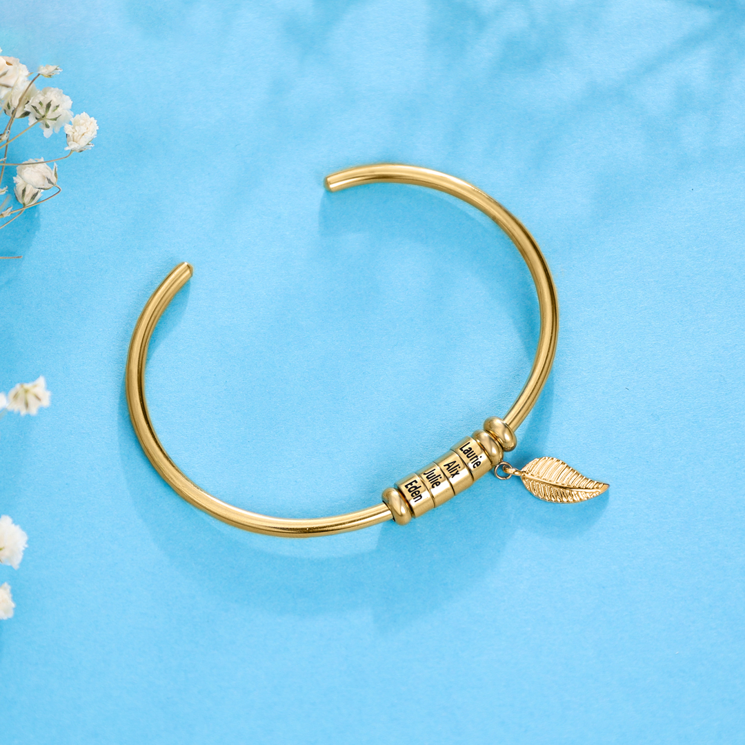 Women Bangle Bracelet with Leaf and Beads Engraved 1 Name Rose Gifts for Mother