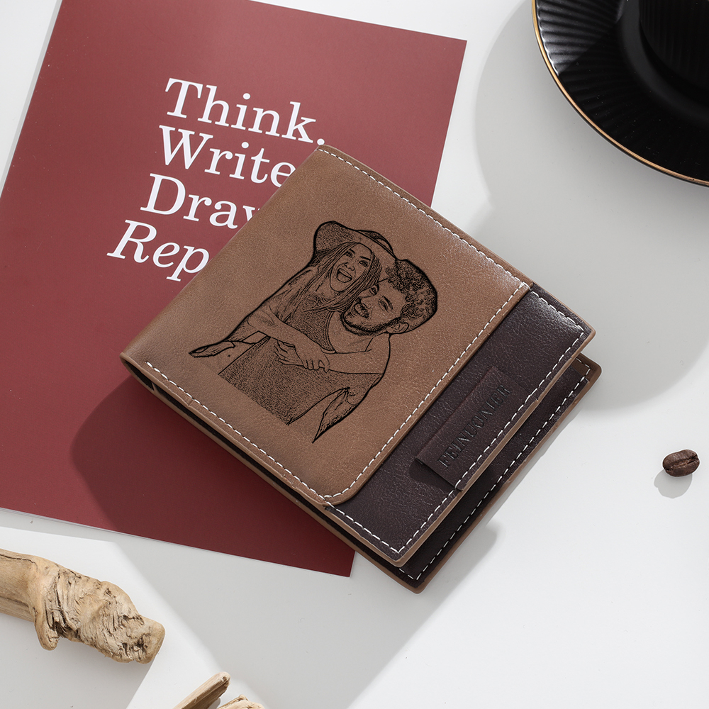 Brown Personalised Leather Wallet Engraved Photo Short Purse Folding Wallet Gifts For Men-Jessemade AU