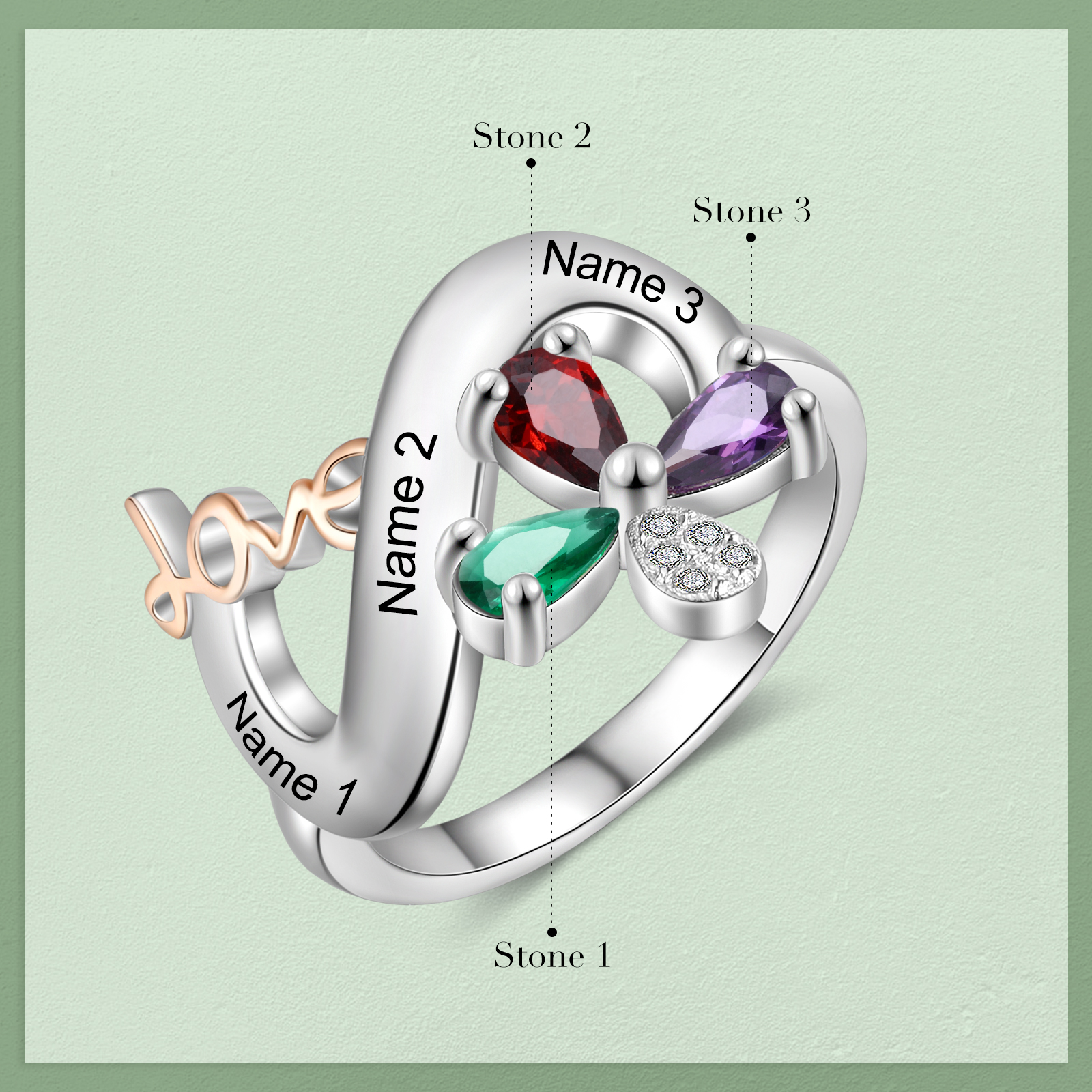 Personalised Butterfly Ring Custom 3 Birthstones Love Ring Gifts For Her-Jessemade AU