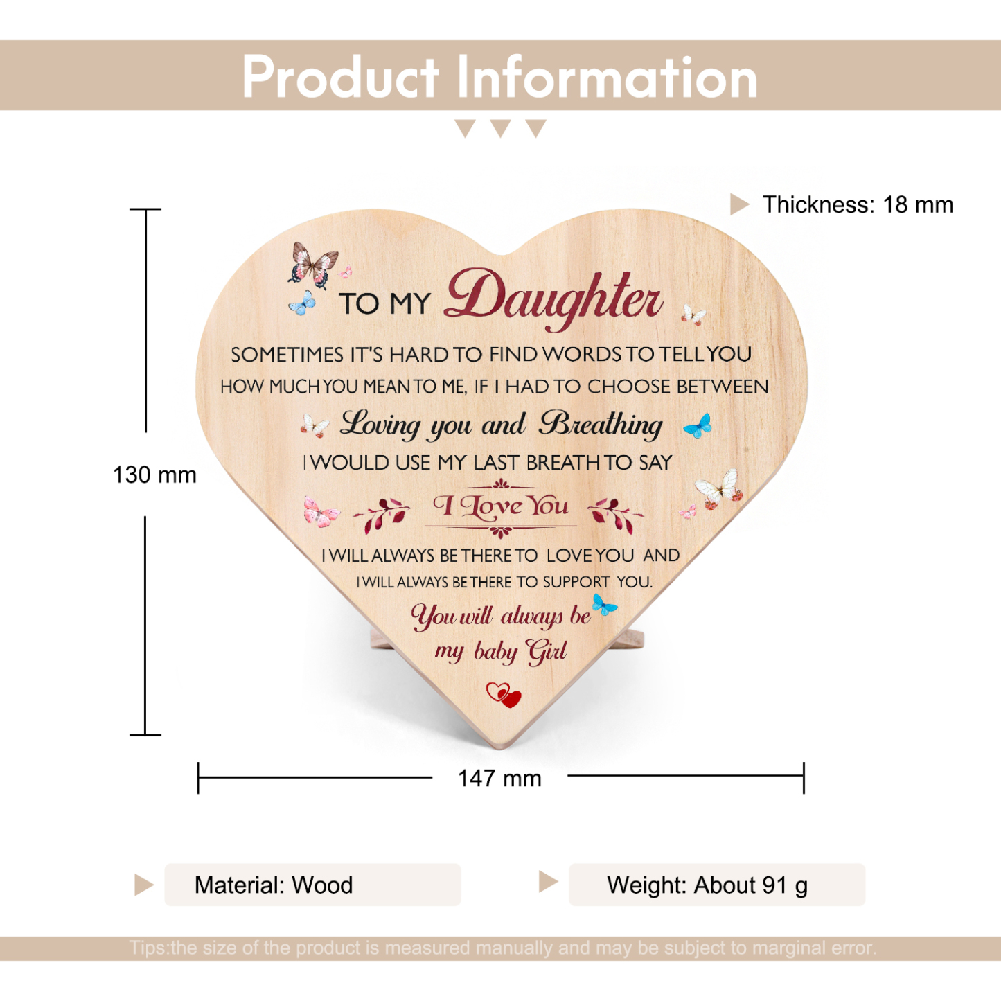 To My Daughter Wooden Heart Keepsake Desktop Ornament-I Will Always Be There To Support You-Jessemade AU