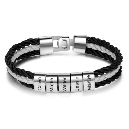 Mens Leather Bracelet Braided Layered Leather with 5 Beads Silver and Gold-Jessemade AU