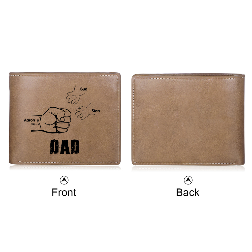 3 Names - Personalised Men Leather Wallet Engraved Names Brown Wallet Fist Bump Folding Wallet Gift For Dad-Jessemade AU
